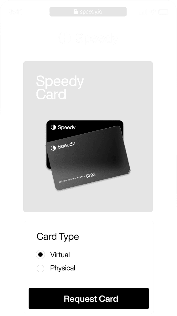 The Speedy web app requesting a card, with a choice of virtual or physical